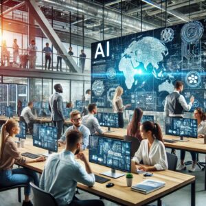 A team collaborating on AI and technology projects in a high-tech workspace.