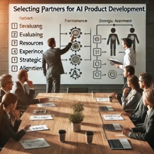 A team discussing criteria for selecting partners for AI product development.