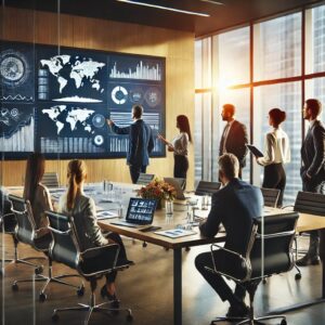 A team discussing strategies with charts and graphs on a large screen.