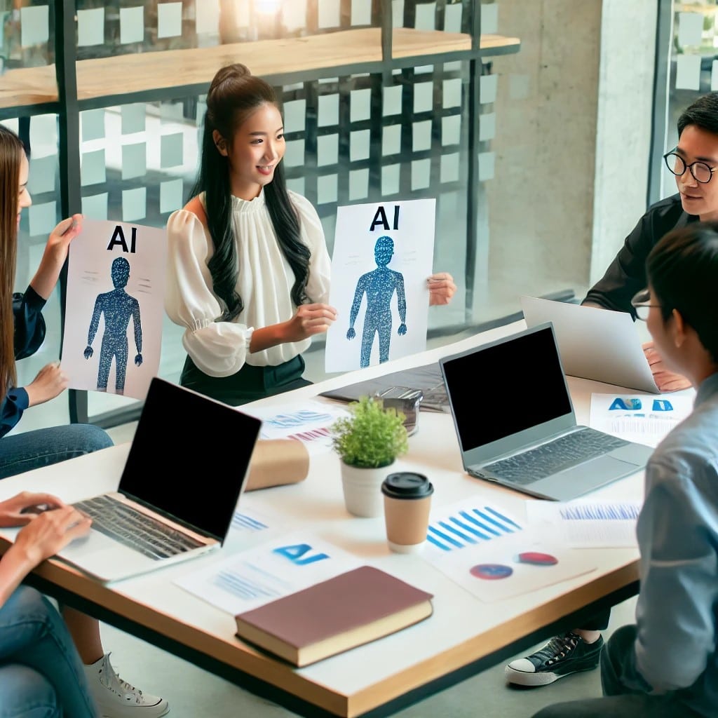 A team of AI professionals collaborating on a whitepaper in a modern office setting.