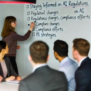 A team of professionals discussing strategies for staying informed on AI regulations.