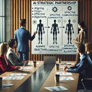 A team of professionals in a conference room, discussing AI strategic partnership challenges.