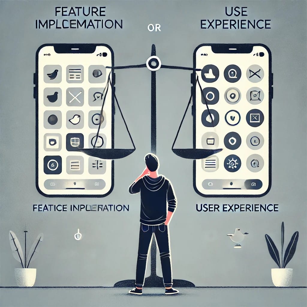 A visual representation of a mobile app developer balancing feature implementation with user experience.