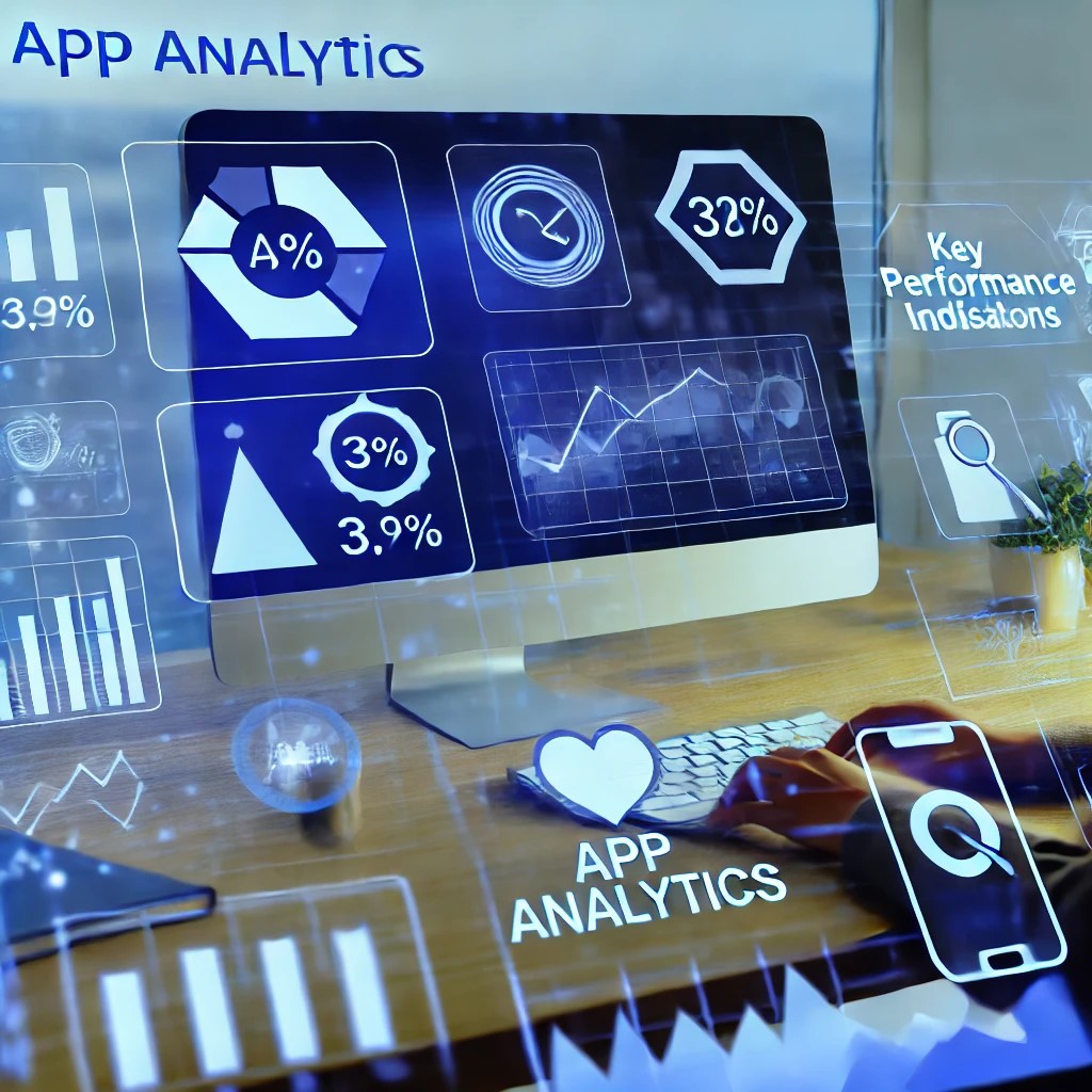 A visual representation of app analytics being used to track user behavior and app performance.