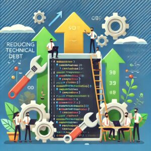 A visual representation of reducing technical debt, showing developers refactoring and optimizing app code.