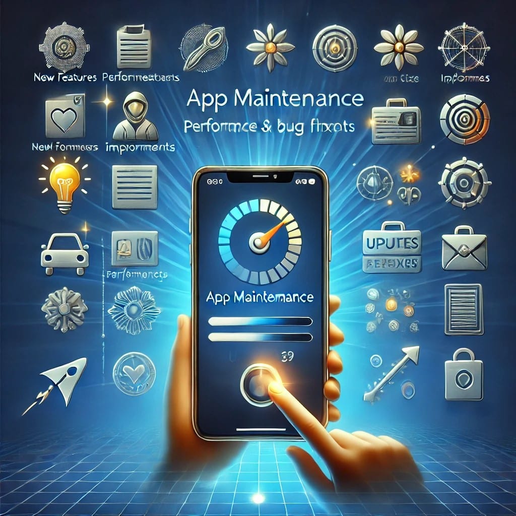 A visualization of app maintenance showing a mobile app being updated with new features