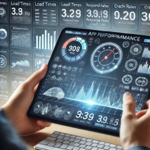 A visualization of app performance metrics such as load times, response times, and crash rates on a screen.