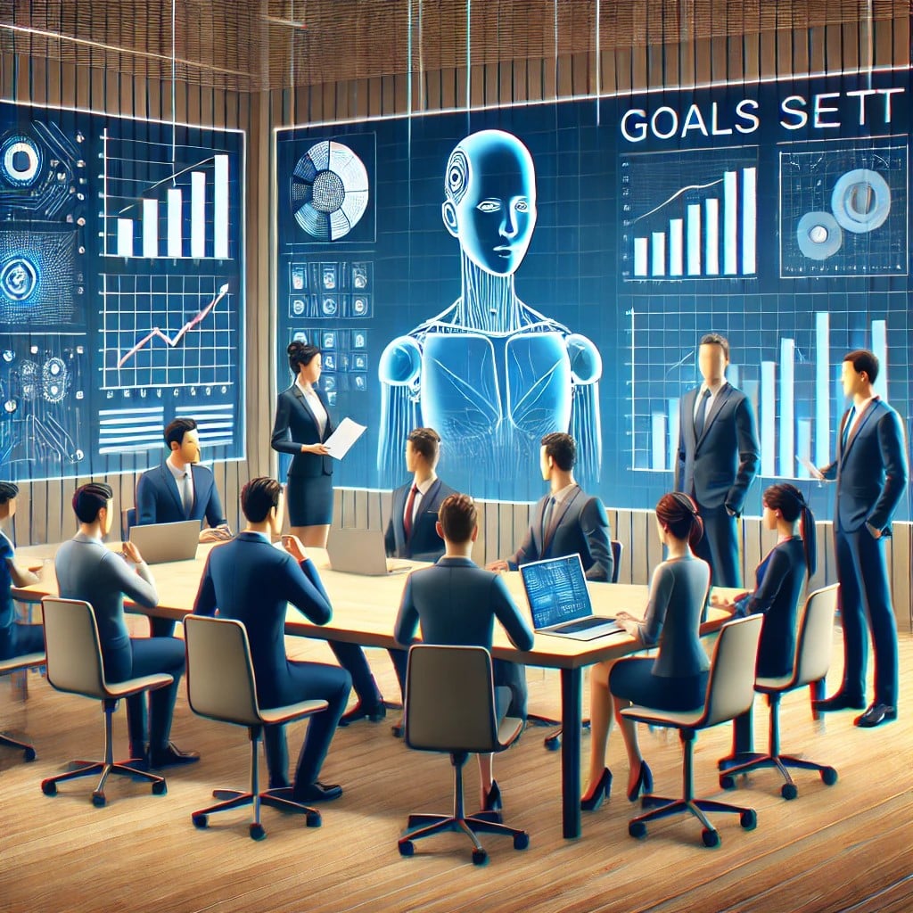 AI business executives aligning goals and setting clear objectives in a modern conference room.