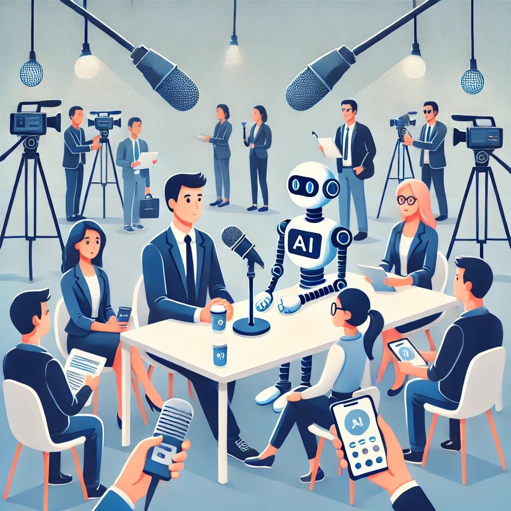 AI company representatives engaging with journalists at a media event.