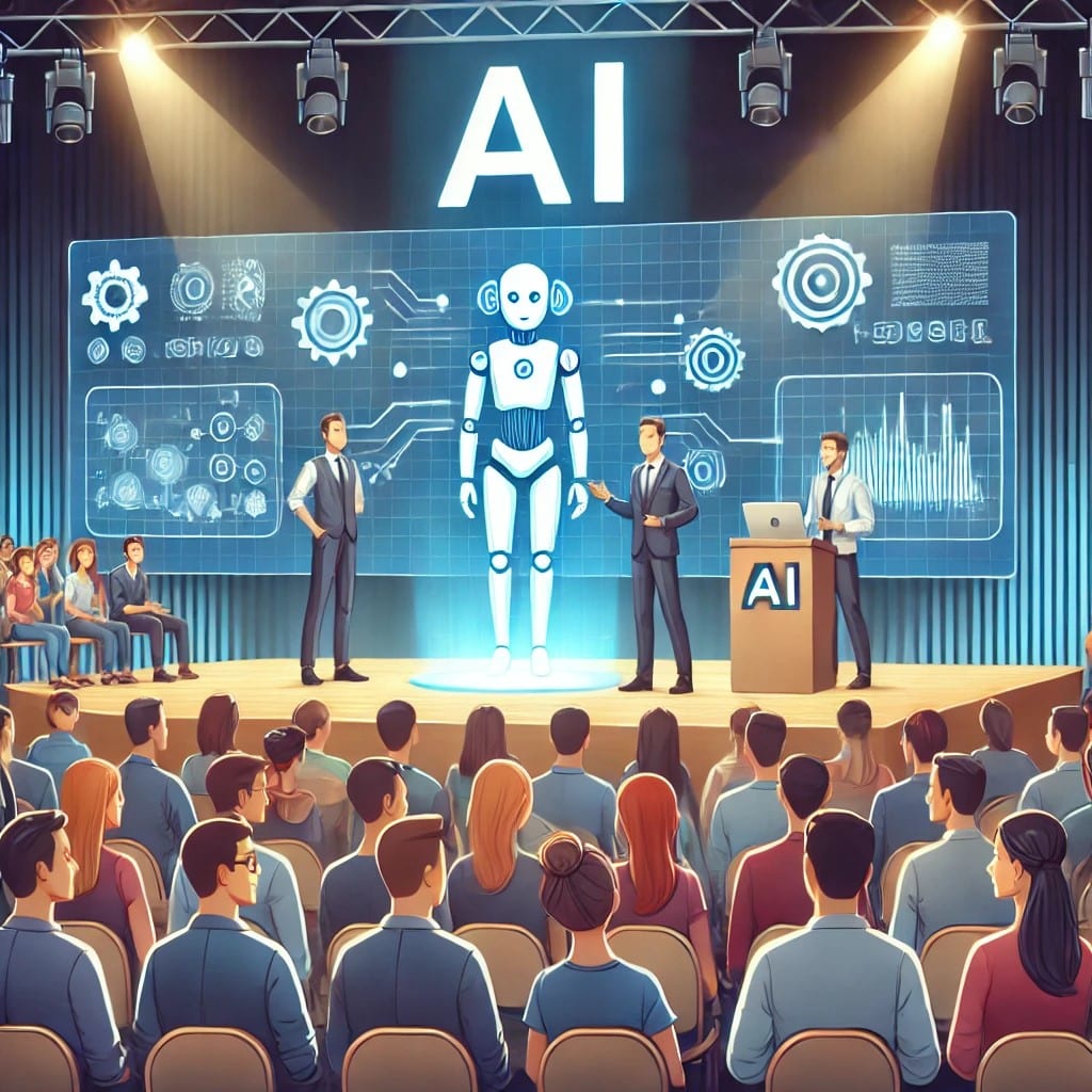 AI company representatives showcasing a new product to a diverse audience at a tech event.