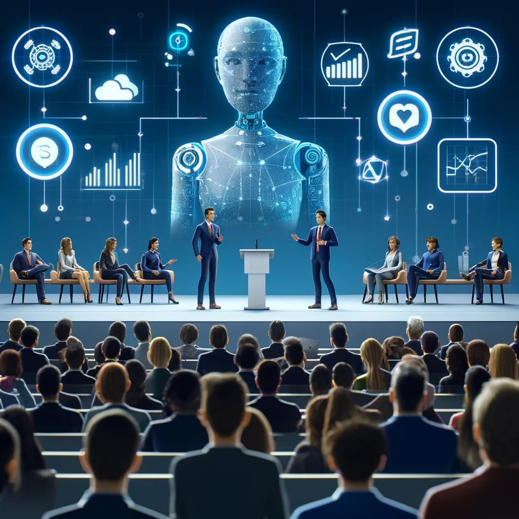 AI industry experts speaking at a conference, sharing insights and engaging with the audience.