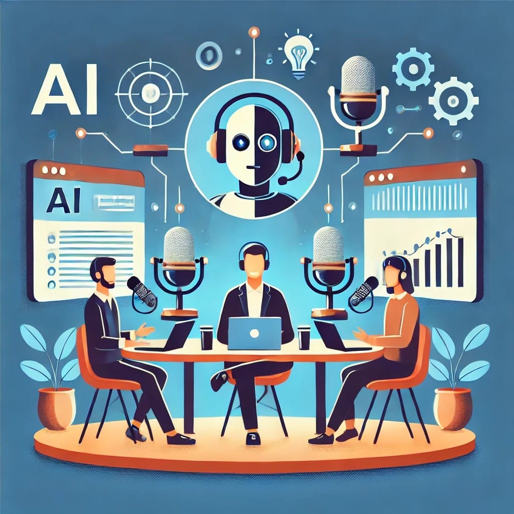 AI professionals hosting a webinar or podcast, discussing industry trends and insights.