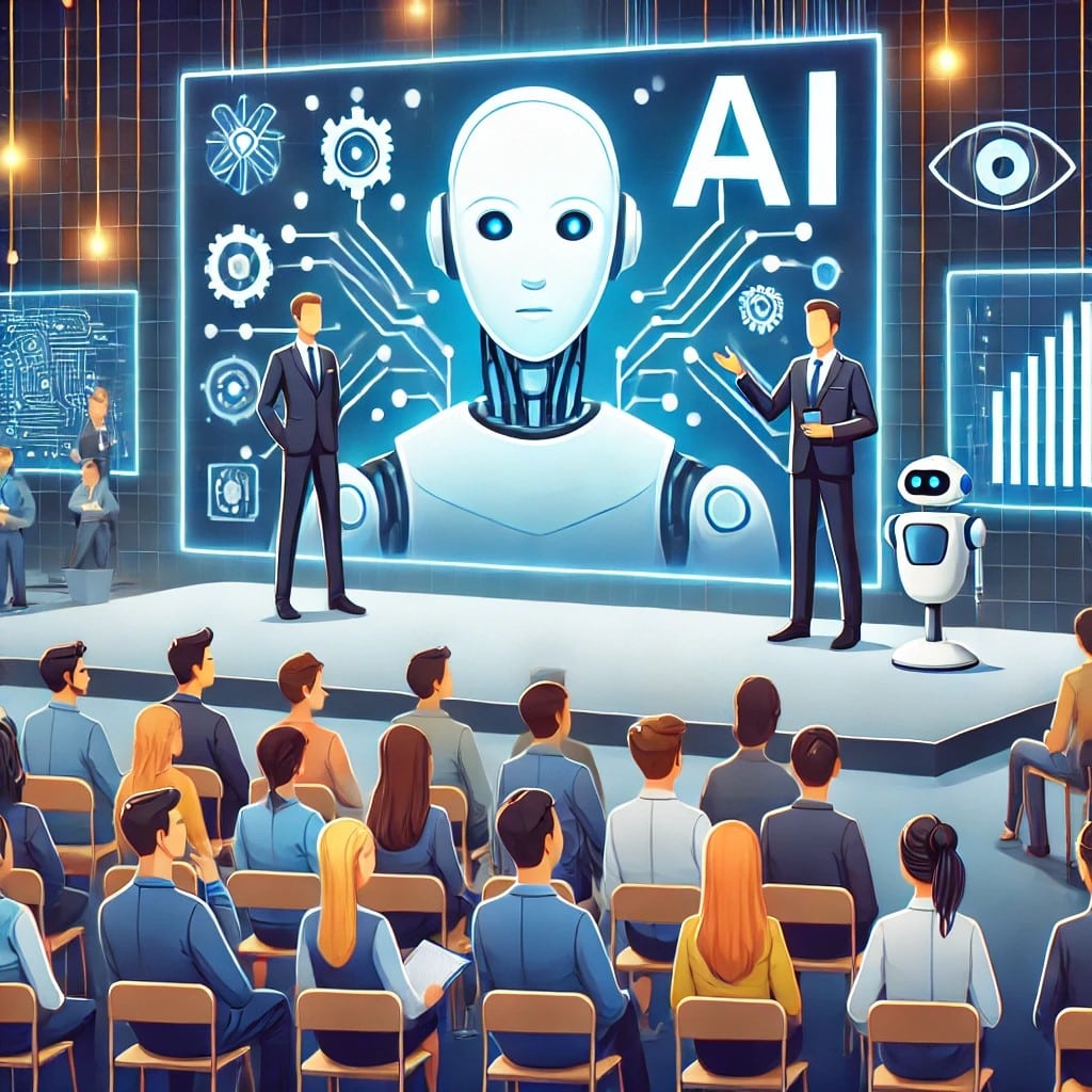 AI startup representatives hosting a product launch event, showcasing their new technology to a diverse audience.
