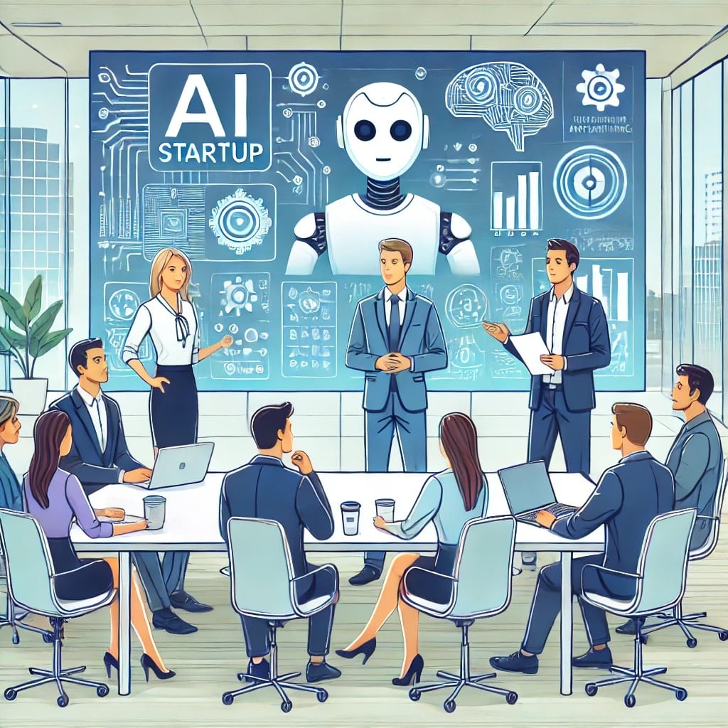 AI startup representatives presenting their product to investors in a modern conference room.