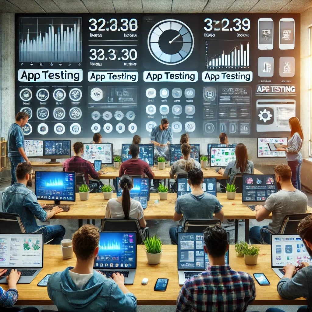 An app development team performing thorough app testing across multiple devices and platforms.