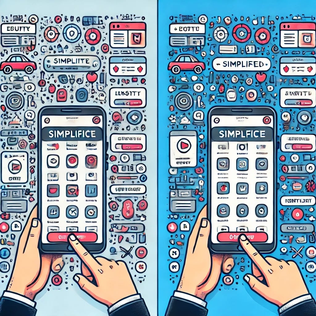 An illustration showing the impact of simplifying an app on user experience, with two side-by-side mobile app screens.