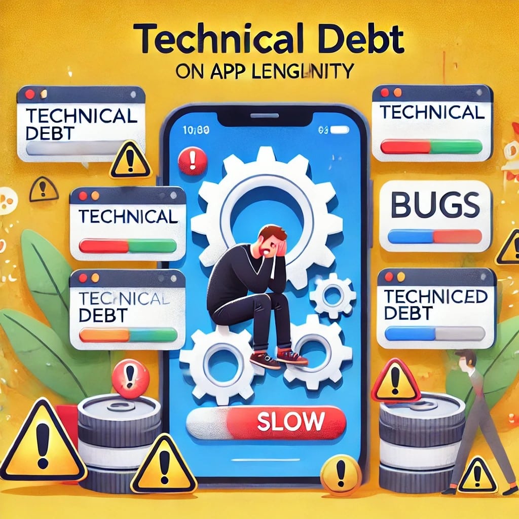 An illustration showing the impact of technical debt on app longevity.