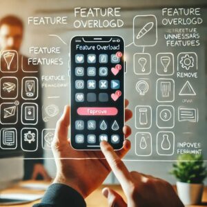 An image showing a mobile app being reviewed for feature overload by a development team.