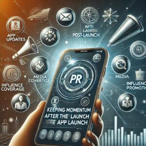 A dynamic image representing post-launch PR efforts, featuring a mobile phone with symbols of app updates