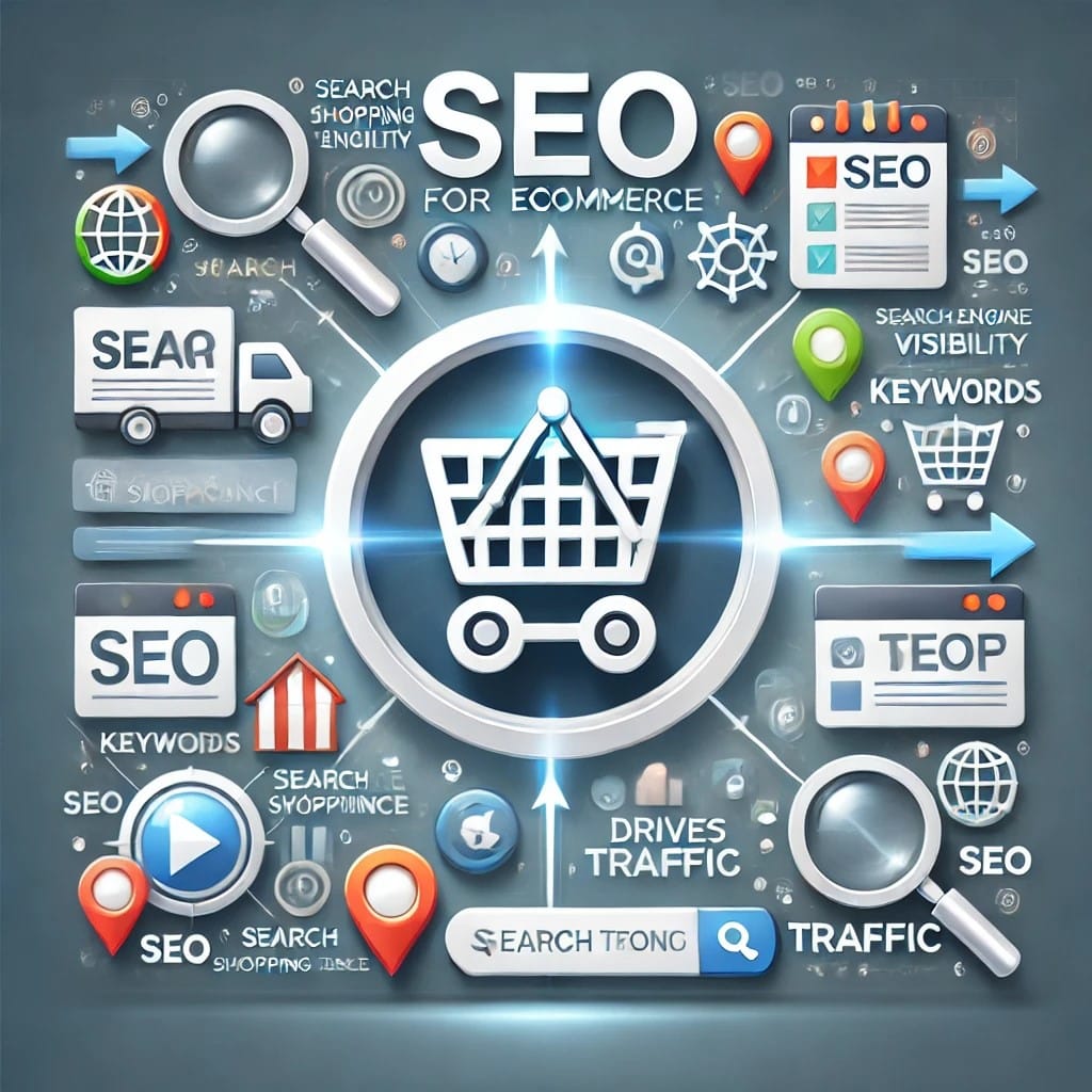 An image representing SEO for ecommerce, featuring a digital shopping cart