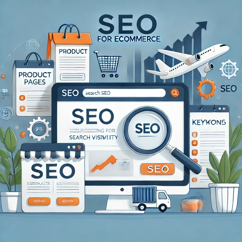 An image representing SEO for ecommerce, featuring product pages, keywords