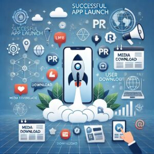 An image representing a successful app launch with a mobile phone surrounded by media coverage
