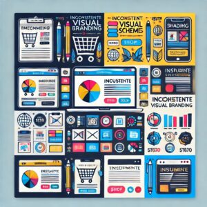 An image representing branding mistakes in ecommerce, featuring inconsistent logos, color schemes