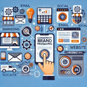 An image representing consistent brand messaging in ecommerce, featuring various marketing channels