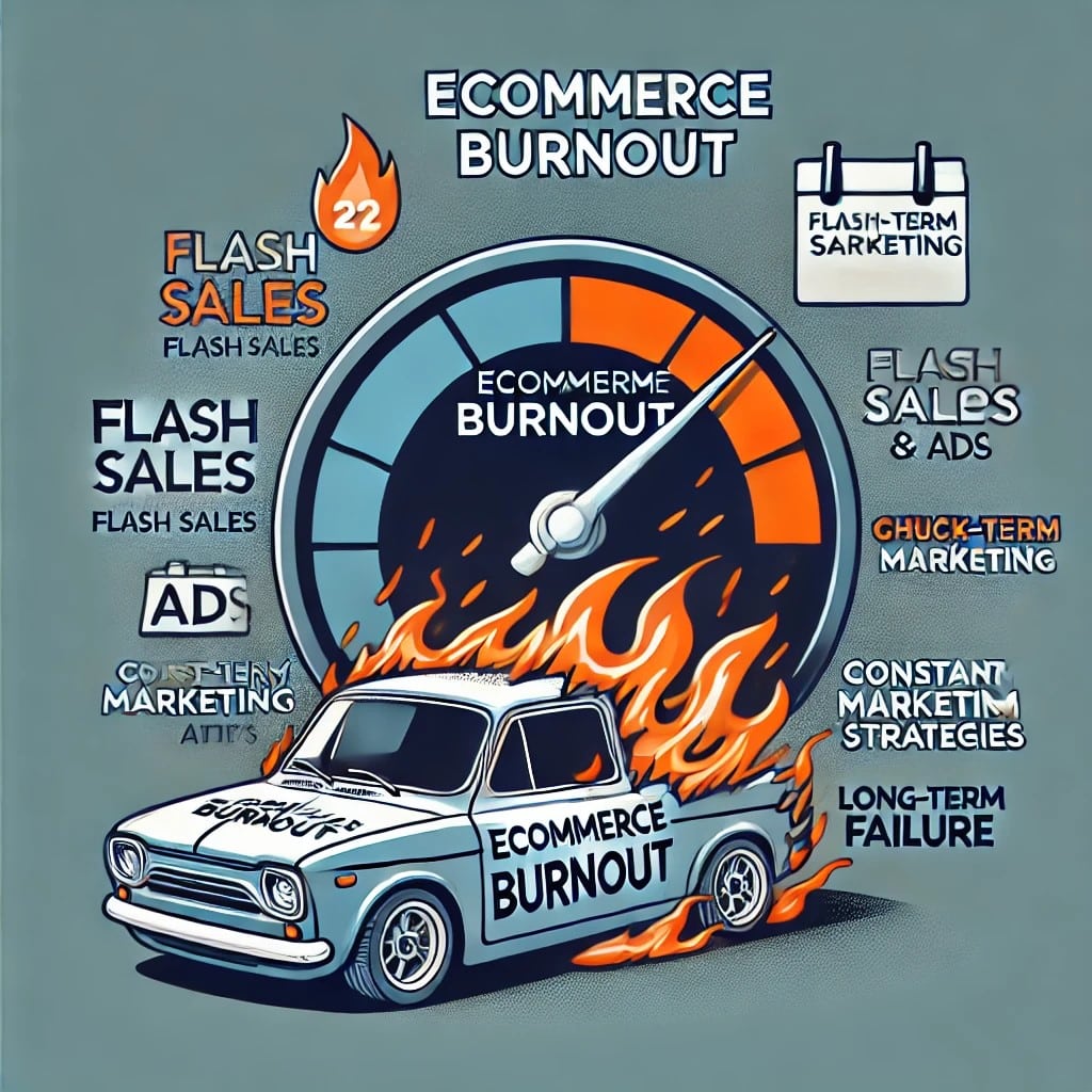 An image representing ecommerce burnout, featuring short-term marketing efforts like flash sales