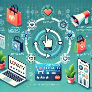 An image representing ecommerce loyalty programs, featuring icons of customer loyalty cards