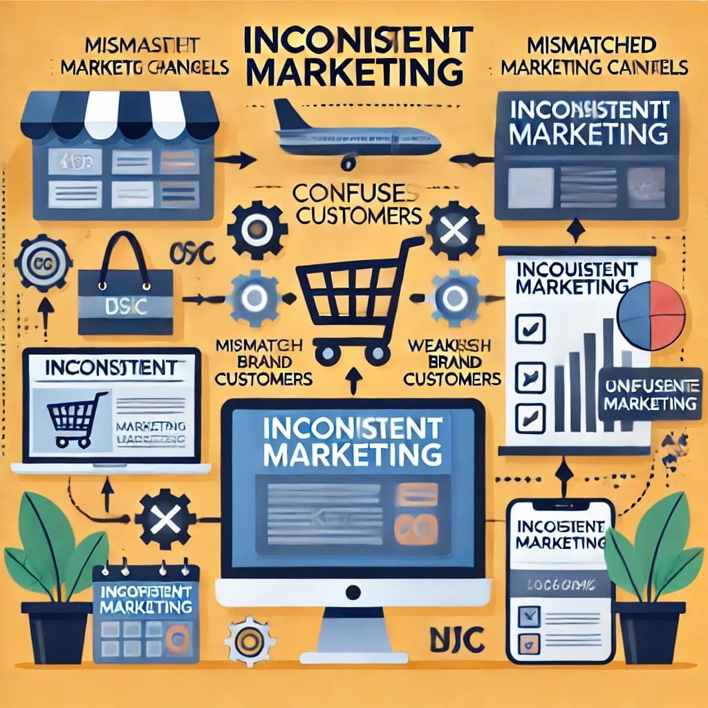 An image representing inconsistent marketing in ecommerce, featuring different marketing channels