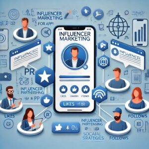 An image representing influencer marketing for apps, with a mobile phone