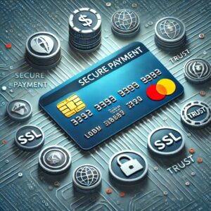 An image representing secure payment in ecommerce, featuring a credit card with security icons, like SSL and trust badges.