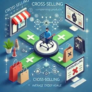 An image representing the concept of cross-selling in ecommerce, featuring a customer being offered complementary products