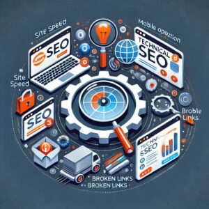 An image representing the role of technical SEO in ecommerce, featuring elements like site speed
