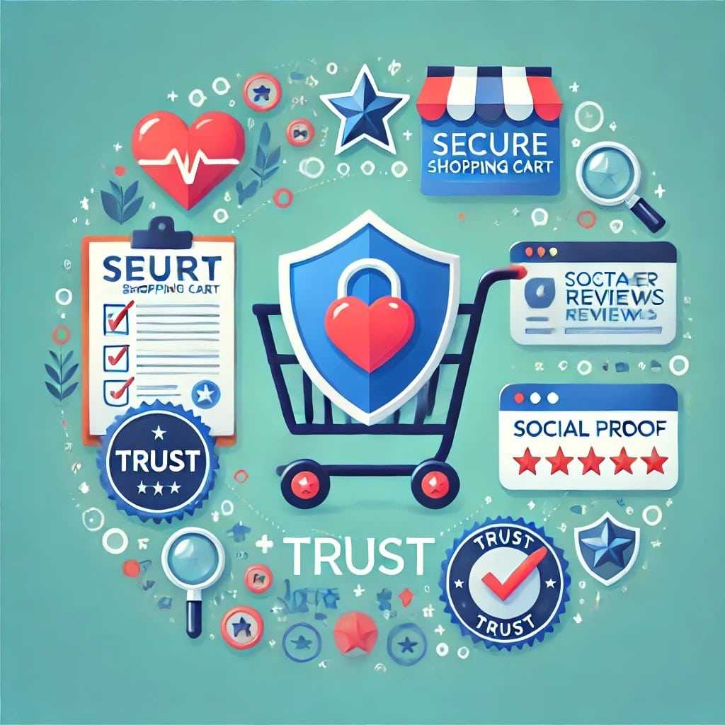 An image representing trust in ecommerce, featuring a secure shopping cart, customer reviews, and trust badges.