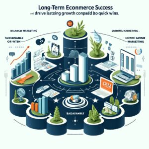 An image showing long-term ecommerce success through balanced marketing, featuring steady growth charts