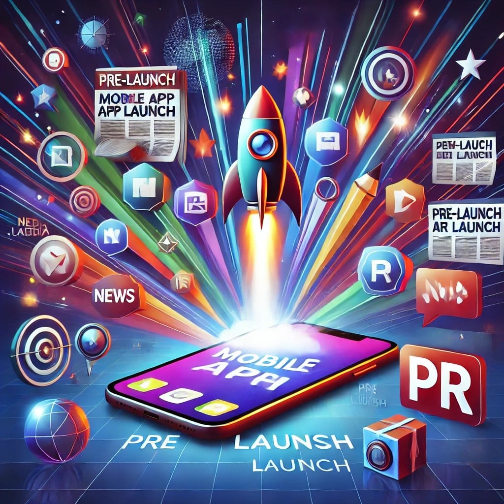 Image representing a mobile app launch, featuring a smartphone surrounded by vibrant media icons