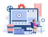 Content creator editing video footage in studio. Editor publishing viral video on social media, multimedia production flat vector illustration. Motion design concept for banner or landing web page